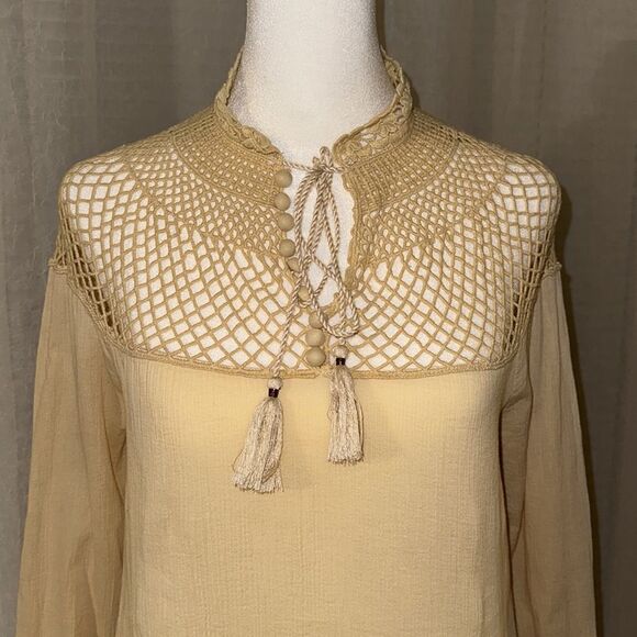 fp S Pale Yellow On The Island Crochet Yoke High Neck Sheer Mesh Bell Sleeve Top - Picture 5 of 14
